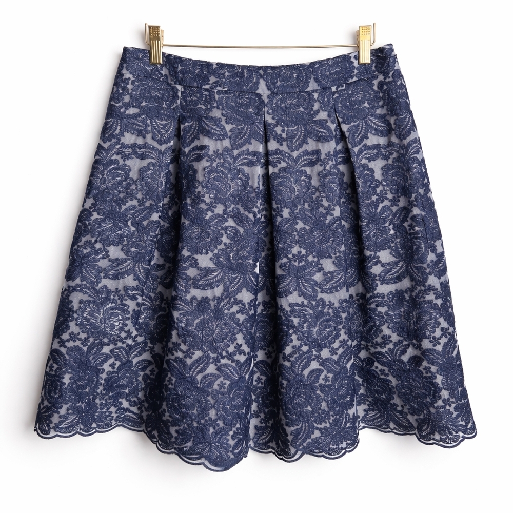 Talbots Navy Blue Embroidered Floral Lace A-Line Skirt, 6